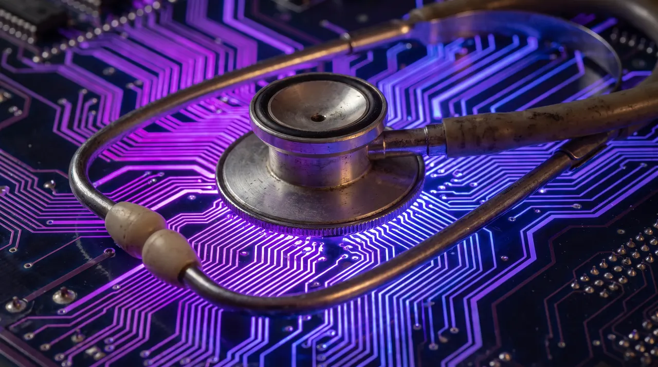 Stethoscope resting on a glowing purple and blue circuit board, health technology image for Andrew Hillman AI work